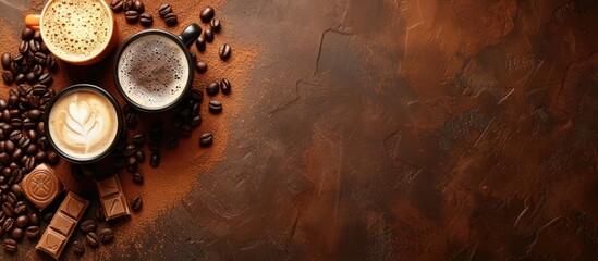 Different coffee and chocolate beverages with coffee beans spread out on a brown backdrop. Space for text. - obrazy, fototapety, plakaty