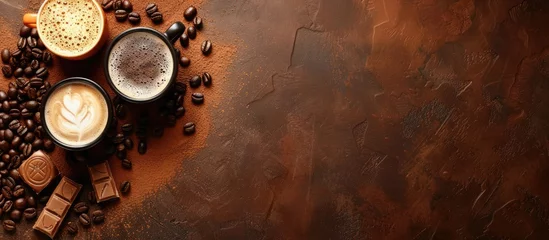 Foto op Plexiglas Different coffee and chocolate beverages with coffee beans spread out on a brown backdrop. Space for text. © Vusal
