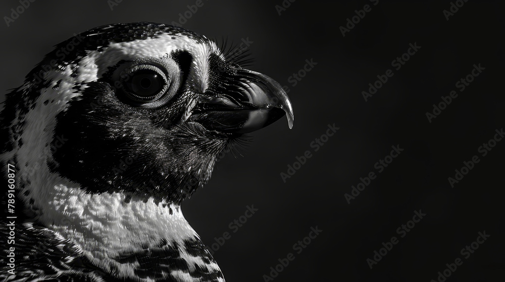 Canvas Prints   A black-and-white bird with a facial pattern against a pitch-black backdrop