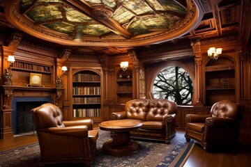 Coffered Ceiling Old World Library in a Timeless Map Room Concept - obrazy, fototapety, plakaty