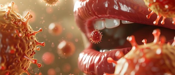 A detailed model of the herpes simplex virus near human lips, with a focus on blisters - obrazy, fototapety, plakaty