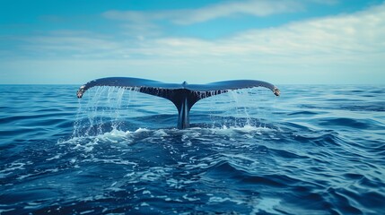 A blue whale's tail disappearing into the deep blue sea, captured from a boat