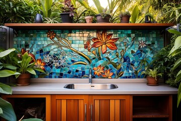 Fototapeta na wymiar Mosaic Tile Splashback Features: Outback Oasis Garden Inspirations