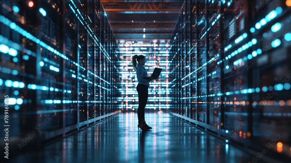 Poster A female internet tech specialist at a data center uses her programming skills to create data analysis tools that help identify potential threats to data security