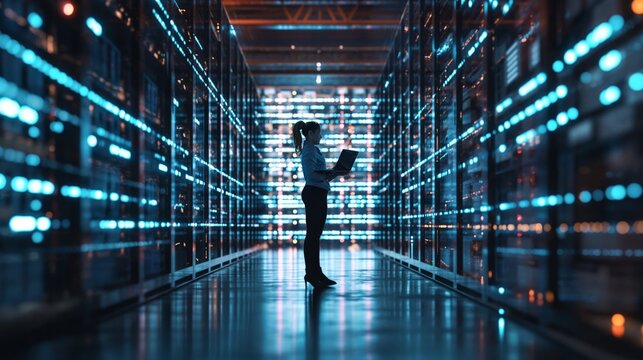 A female internet tech specialist at a data center uses her programming skills to create data analysis tools that help identify potential threats to data security