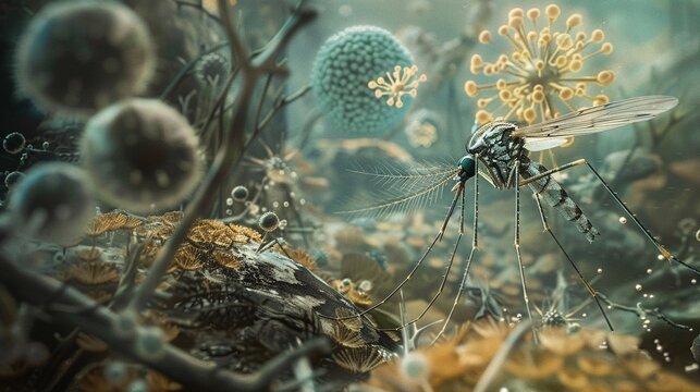 A realistic depiction of a malaria mosquito and a human victim, with the parasite's lifecycle shown in the background
