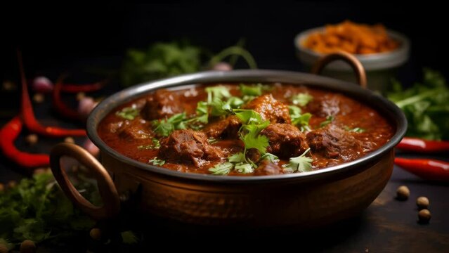 A bowl of red stew with meat and green herbs