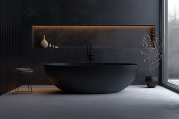 Berlin penthouse master bathroom with minimalist sleek black palette and freestanding bathtub, lit by gentle evening light.