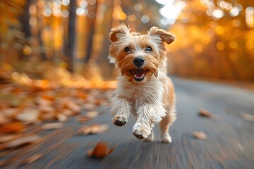 Small Brown and White Dog Running Down a Road. Generative AI