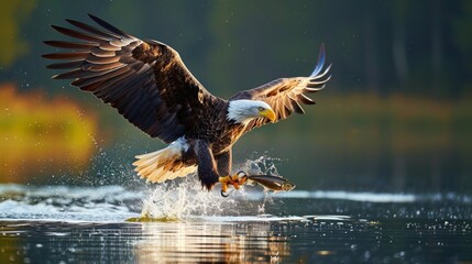 A bald eagle flying above water catching a fish in wild.