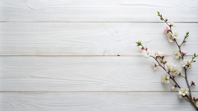 wood background flat lay clean white with flower branch with copy space