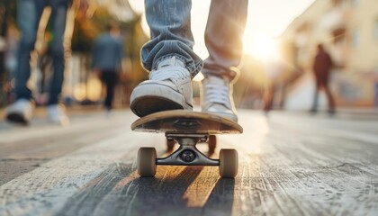 Teenager s foot on skateboard with blurred crowd in urban setting, street scene background