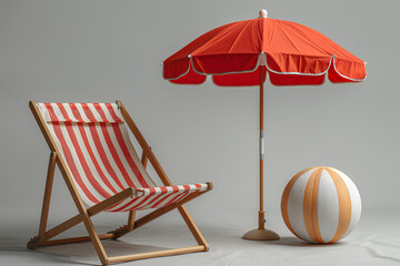 Red and white striped deck chair with a matching umbrella and beach ball against a neutral background. Summer relaxation and vacation theme concept. Design for seasonal home decor, leisure lifestyle