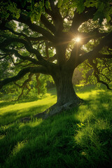 Fototapeta premium Sunlight bursts through the sprawling branches of an ancient tree, illuminating the verdant grass and roots, embodying the tree’s enduring life force.