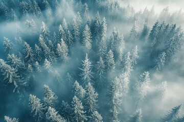 Snow-kissed conifers stand in silence as a soft mist envelops the forest, creating a dreamlike...