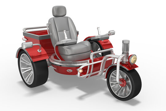 3d E-Bike, E-Trike, Elektro, Motorrad, Elektromotorrad, Dreirad, Elektromobil mit Lastenkorb in  rot, grau und Computersteuerung auf transparenten Hintergrund, freigestellt