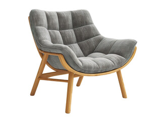 an image of a Scandinavian-style light wood frame armchair with a gray fabric seat isolated on a white background PNG
