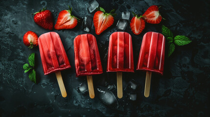 Three strawberry popsicles with fresh strawberries and mint leaves on a dark background. - obrazy, fototapety, plakaty