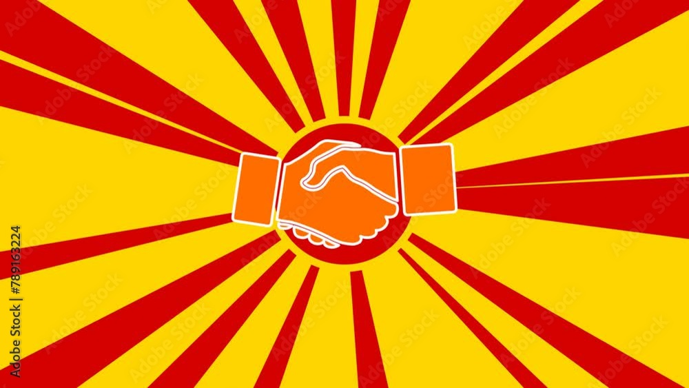 Poster handshake symbol on the background of animation from moving rays of the sun. large orange symbol inc
