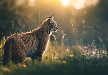 A lynx stands in the early morning light, its profile etched against the dawn, embodying the quiet...