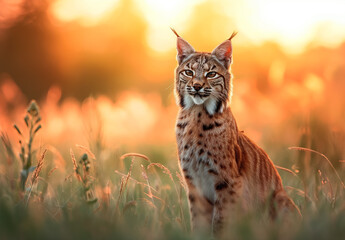 Fototapeta premium A lynx stands with commanding presence in a meadow, its watchful eyes capturing the last rays of the sun setting behind it, painting the scene in warm colors.