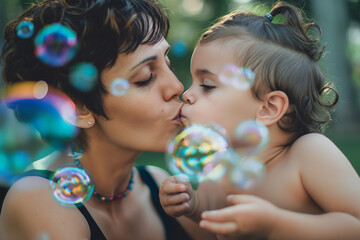 A tender moment as a mother kisses her child amidst a whimsical dance of iridescent soap bubbles, capturing the innocence and love of maternal affection.