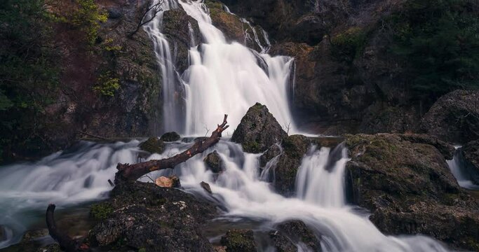Timelapse Close up detail shot of beautiful waterfall, Albacete, Spain. Nacimiento del Rio Mundo peaceful movement of water