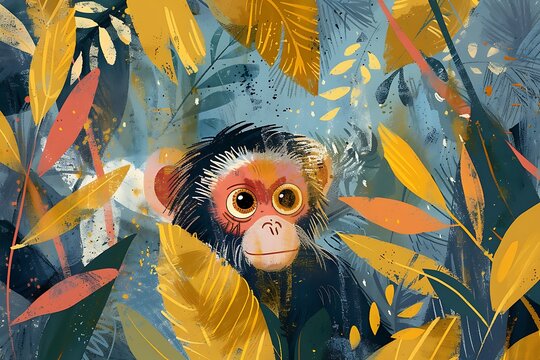 : A brush painted portrait of a playful monkey in a jungle environment