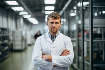 A determined male scientist stands with crossed arms in the lab, his expression reflecting focus and professionalism against the backdrop of high-tech equipment.