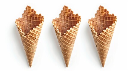 Three empty waffle cones for ice cream isolated on white background
