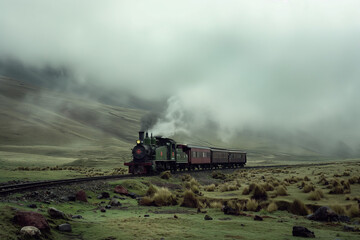 Fototapeta na wymiar A classic steam train chugs through a moody, mist-covered landscape, its journey framed by the wild grasses and rolling hills of a timeless terrain.