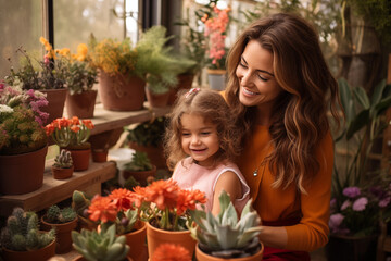 A mother shares a tender moment with her daughter amidst vibrant potted plants, their laughter as warm as the surrounding blooms.