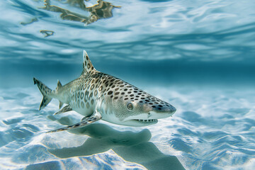 A spotted leopard shark glides gracefully over the sandy sea bottom, with sunlight filtering...