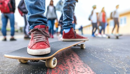 Teenager s foot on skateboard in urban setting with blurred street crowd in background