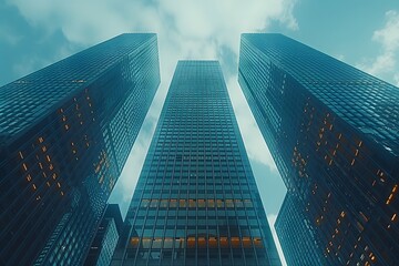 Looking Up at Two Tall Skyscrapers in a City. Generative AI