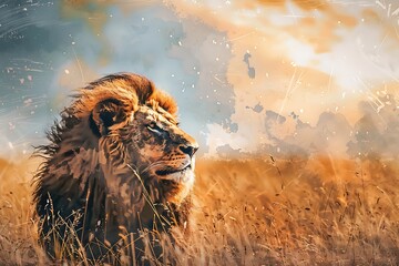 : A brush painted portrait of a majestic lion in the African savannah