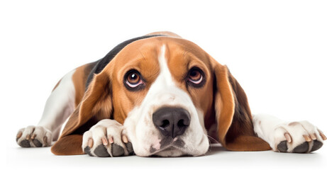 Beagle with big eyes laying down, paws on the floor.