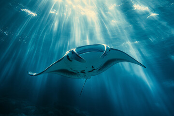 A manta ray glides through the tranquil depths of the ocean, illuminated by striking beams of sunlight from above.