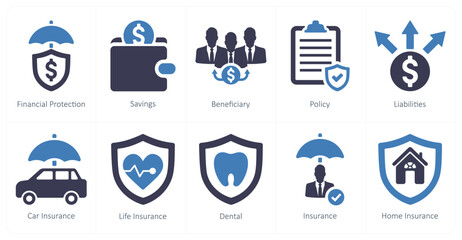 A set of 10 insurance icons as financial protection, savings, beneficiary