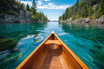 The bow of a wooden canoe navigates through the clear waters of a serene lake, flanked by rugged cliffs and lush greenery under a vibrant blue sky. - Powered by Adobe