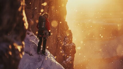 A rock climber climb a cliff in Grand Canyon with snow in winter.
