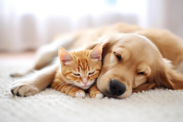 Cute kitten and puppy sleeping together on a white carpet at home.