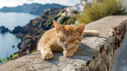 Cat Lying on Stone Wall in Oia Town Santorini Aegean Sea - obrazy, fototapety, plakaty