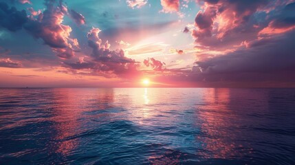 Calm Ocean Dramatic Sunset Sky - obrazy, fototapety, plakaty