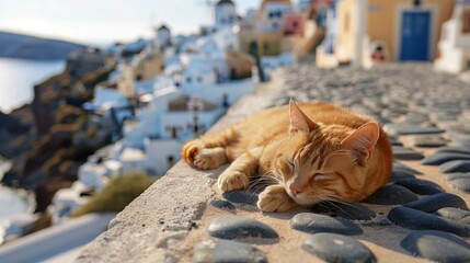 Cat on Stone Wall in Oia Town, Santorini - obrazy, fototapety, plakaty