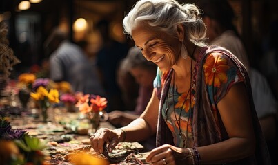 Smiling Older Woman at Table With Flowers