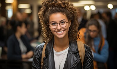 Woman in Glasses and Leather Jacket