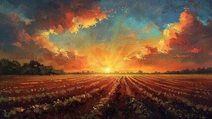 Vintage Potato Field Sunset Painting - obrazy, fototapety, plakaty