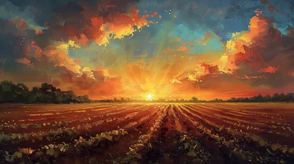 Selbstklebende Fototapeten Vintage Potato Field Sunset Painting © Custom Media