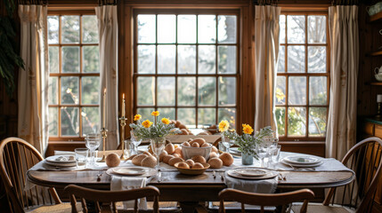   A table bears a basket of eggs, situated in front of a sunlit window Sunflowers bloom in vases